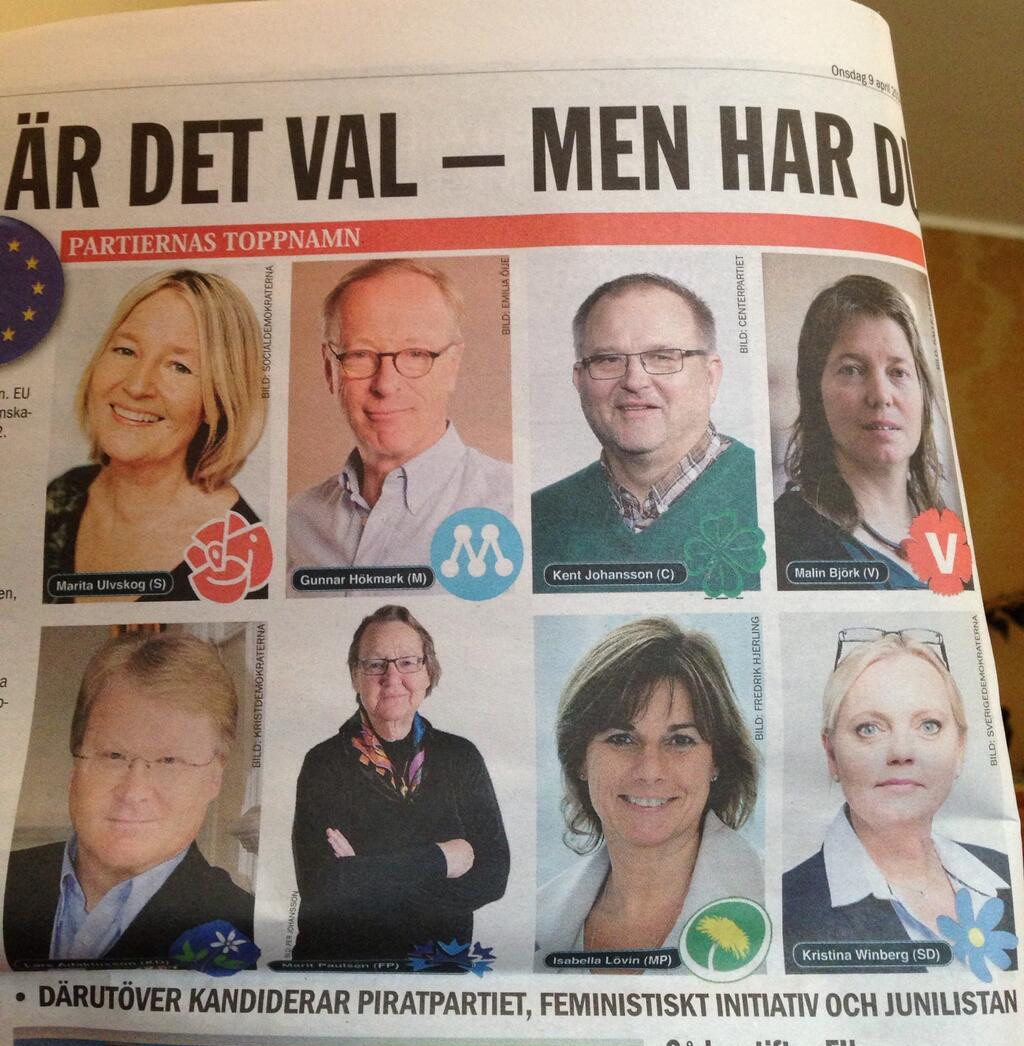 The ETC newspaper presenting the "top 8 candidates" - seven defenders of the title, plus a challenger at bottom right. In small print, it notes "also running: Pirate Party, Feminist Initiative, and June List". The Pirate Party is not presented as a defender at all.