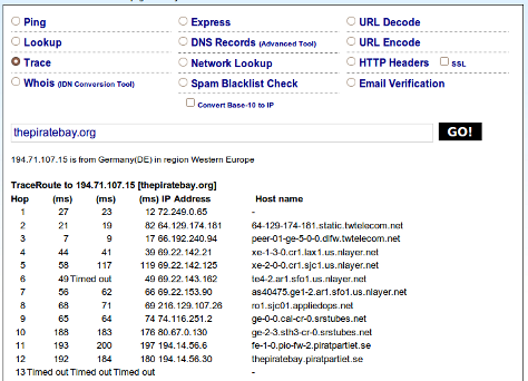 Traceroute till thepiratebay.org. Sista länken i kedjan är piratpartiet.se. Traceroute till thepiratebay.org. Sista länken i kedjan är piratpartiet.se.